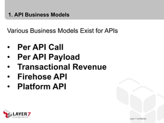 1. API Business Models

Various Business Models Exist for APIs

•   Per API Call
•   Per API Payload
•   Transactional Revenue
•   Firehose API
•   Platform API


                                            Layer 7 Confidential
                                         Layer 7 Confidential      6
 