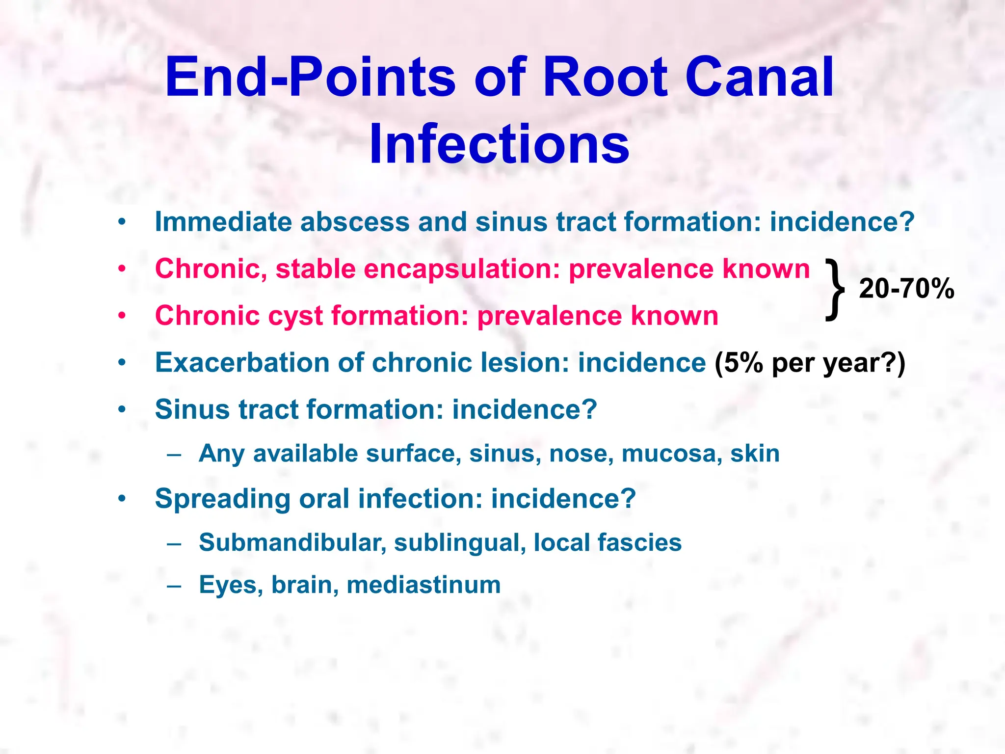 End-Points of Root Canal
Infections
• Immediate abscess and sinus tract formation: incidence?
• Chronic, stable encapsulation: prevalence known
• Chronic cyst formation: prevalence known
• Exacerbation of chronic lesion: incidence (5% per year?)
• Sinus tract formation: incidence?
– Any available surface, sinus, nose, mucosa, skin
• Spreading oral infection: incidence?
– Submandibular, sublingual, local fascies
– Eyes, brain, mediastinum
20-70%
}
 
