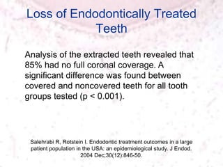 Loss of Endodontically Treated
Teeth
Salehrabi R, Rotstein I. Endodontic treatment outcomes in a large
patient population in the USA: an epidemiological study. J Endod.
2004 Dec;30(12):846-50.
Analysis of the extracted teeth revealed that
85% had no full coronal coverage. A
significant difference was found between
covered and noncovered teeth for all tooth
groups tested (p < 0.001).
 