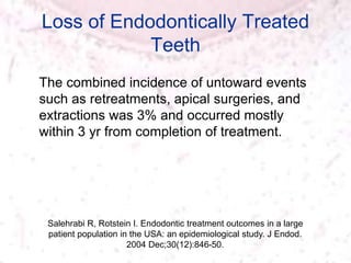 Loss of Endodontically Treated
Teeth
Salehrabi R, Rotstein I. Endodontic treatment outcomes in a large
patient population in the USA: an epidemiological study. J Endod.
2004 Dec;30(12):846-50.
The combined incidence of untoward events
such as retreatments, apical surgeries, and
extractions was 3% and occurred mostly
within 3 yr from completion of treatment.
 