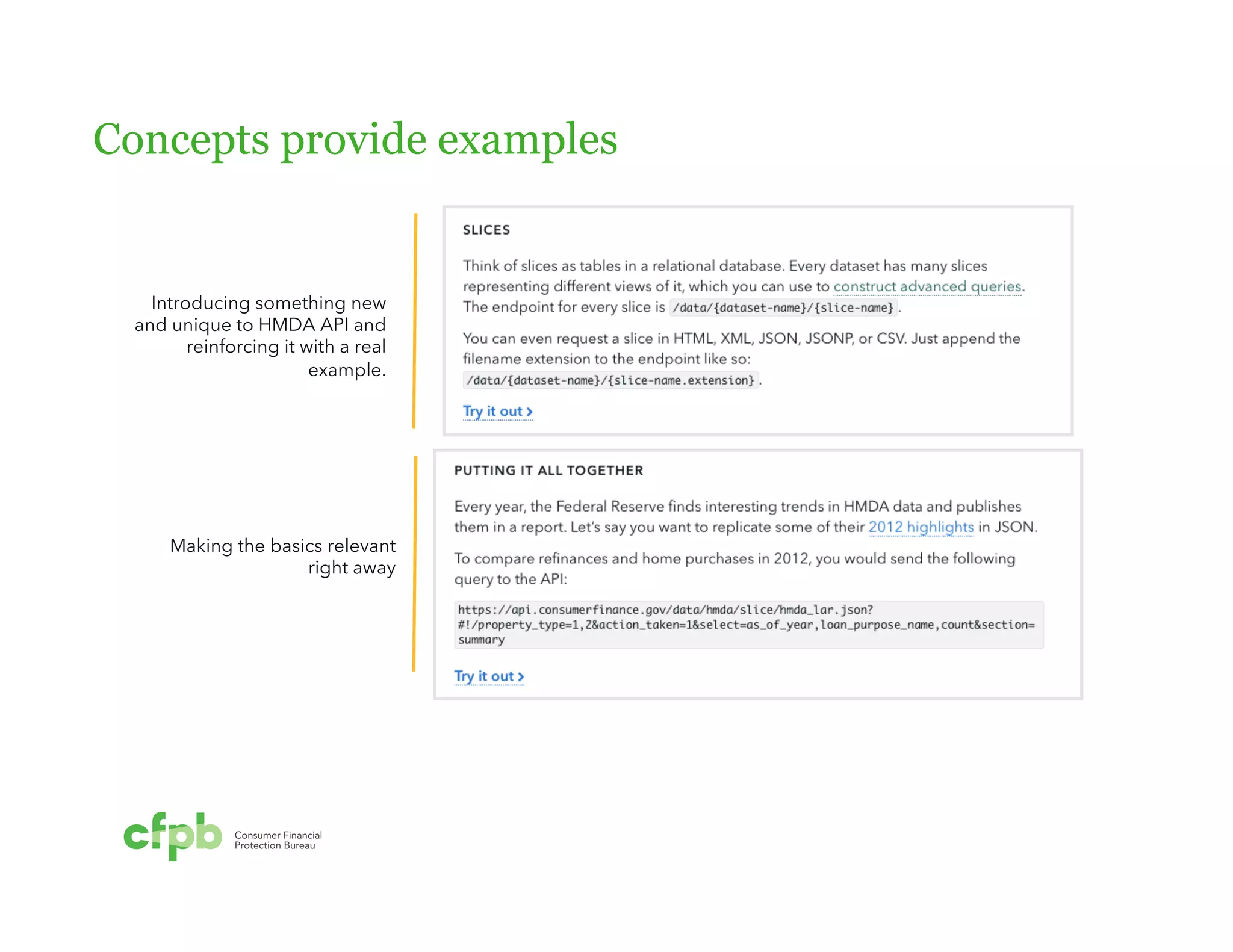 Concepts provide examples 
Introducing something new 
and unique to HMDA API and 
reinforcing it with a real 
example. 
Making the basics relevant 
right away 
 