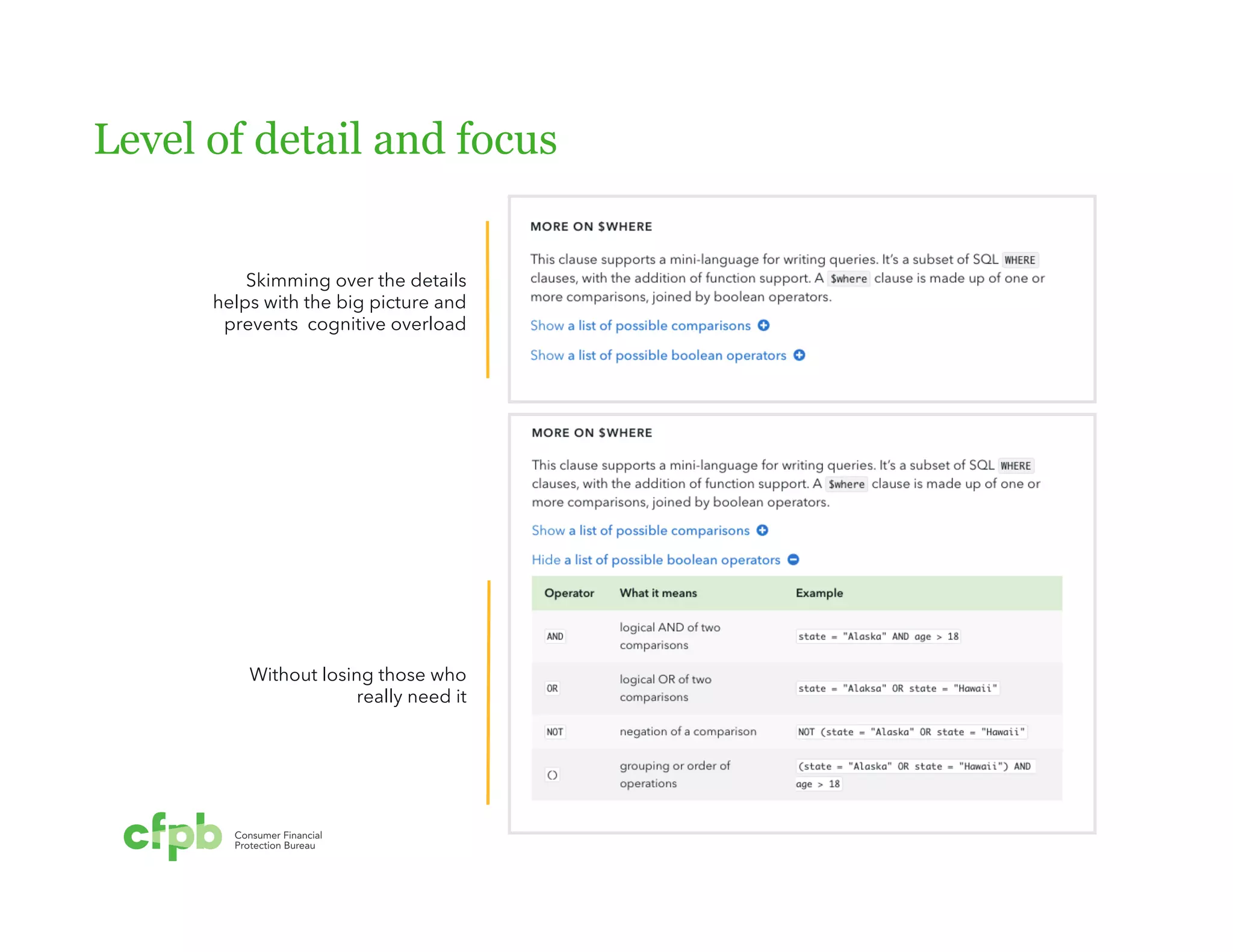Level of detail and focus 
Skimming over the details 
helps with the big picture and 
prevents cognitive overload 
Without losing those who 
really need it 
 
