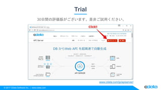 © 2017 CData Software Inc. | www.cdata.com
Trial
www.cdata.com/jp/apiserver/
30日間の評価版がございます。是非ご試用ください。
 