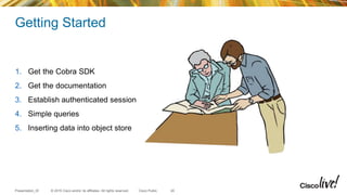 © 2015 Cisco and/or its affiliates. All rights reserved.Presentation_ID Cisco Public
Getting Started
1. Get the Cobra SDK
2. Get the documentation
3. Establish authenticated session
4. Simple queries
5. Inserting data into object store
20
 