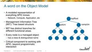 © 2015 Cisco and/or its affiliates. All rights reserved.Presentation_ID Cisco Public
A word on the Object Model
• A modeled representation of
everything APIC knows
– Network, Compute, Application, etc
• Management Information Tree
(MIT): Tree based structure
• MIT has distinct branches for
different functional areas
• Every node is a managed object:
– has a class & distinguished name
• Critical component to working with
APIC, beyond programmatic
interaction
9
topRoot
polUni compUni
 
