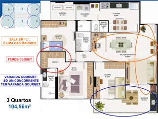 3 Quartos  104,56m² SALA EM “L”. É UMA DAS MAIORES VARANDA GOURMET. SÓ UM CONCORRENTE TEM VARANDA GOURMET. TEMOS CLOSET 