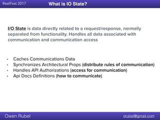 Title Text
RestFest 2017
orubel@gmail.comOwen Rubel
What is IO State?
• Caches Communications Data
• Synchronizes Architectural Props (distribute rules of communication)
• Handles API Authorizations (access for communication)
• Api Docs Deﬁnitions (how to communicate)
I/O State is data directly related to a request/response, normally
separated from functionality. Handles all data associated with
communication and communication access
 