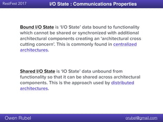 Title Text
RestFest 2017
orubel@gmail.comOwen Rubel
I/O State : Communications Properties
Shared I/O State is ‘IO State’ data unbound from
functionality so that it can be shared across architectural
components. This is the approach used by distributed
architectures.
Bound I/O State is ‘I/O State’ data bound to functionality
which cannot be shared or synchronized with additional
architectural components creating an ‘architectural cross
cutting concern’. This is commonly found in centralized
architectures.
 