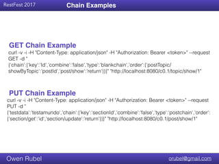 Title Text
RestFest 2017
orubel@gmail.comOwen Rubel
Chain Examples
GET Chain Example
PUT Chain Example
curl -v -i -H "Content-Type: application/json" -H "Authorization: Bearer <token>" --request
PUT -d "
{'testdata':'testamundo','chain':{'key':'sectionId','combine':'false','type':'postchain','order':
{'section/get':'id','section/update':'return'}}}" "http://localhost:8080/c0.1/post/show/1"
curl -v -i -H "Content-Type: application/json" -H "Authorization: Bearer <token>" --request
GET -d "
{'chain':{'key':'Id','combine':'false','type':'blankchain','order':{'postTopic/
showByTopic':'postId','post/show':'return'}}}" "http://localhost:8080/c0.1/topic/show/1"
 