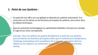 • Ce point de vue offre une vue globale et abstraite du système automatisé. Il se
concentre sur les tâches ou les fonctions principales du système, sans entrer dans
les détails techniques.
• Aucune contrainte technologique ou spécification détaillée n'est prise en compte.
Il s'agit d'une vision conceptuelle.
• Exemple : Pour un système de gestion de bâtiment, le point de vue système
pourrait décrire les fonctions principales telles que le contrôle de la température,
l'éclairage automatique et la surveillance de la sécurité, sans entrer dans les
détails sur les capteurs, les actionneurs ou les protocoles de communication
utilisés.
1. Point de vue Système :
 