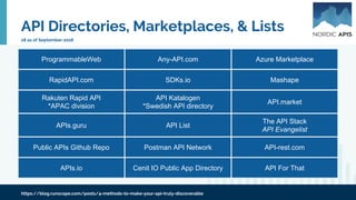 API Directories, Marketplaces, & Lists
https://blog.runscope.com/posts/4-methods-to-make-your-api-truly-discoverable
ProgrammableWeb Any-API.com Azure Marketplace
RapidAPI.com SDKs.io Mashape
Rakuten Rapid API
*APAC division
API Katalogen
*Swedish API directory
API.market
APIs.guru API List
The API Stack
API Evangelist
Public APIs Github Repo Postman API Network API-rest.com
APIs.io Cenit IO Public App Directory API For That
18 as of September 2018
 