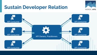 Sustain Developer Relation
API Consumer
API Owners, Practitioners
API Consumer
API Consumer
API Consumer
API Consumer
API Consumer
 