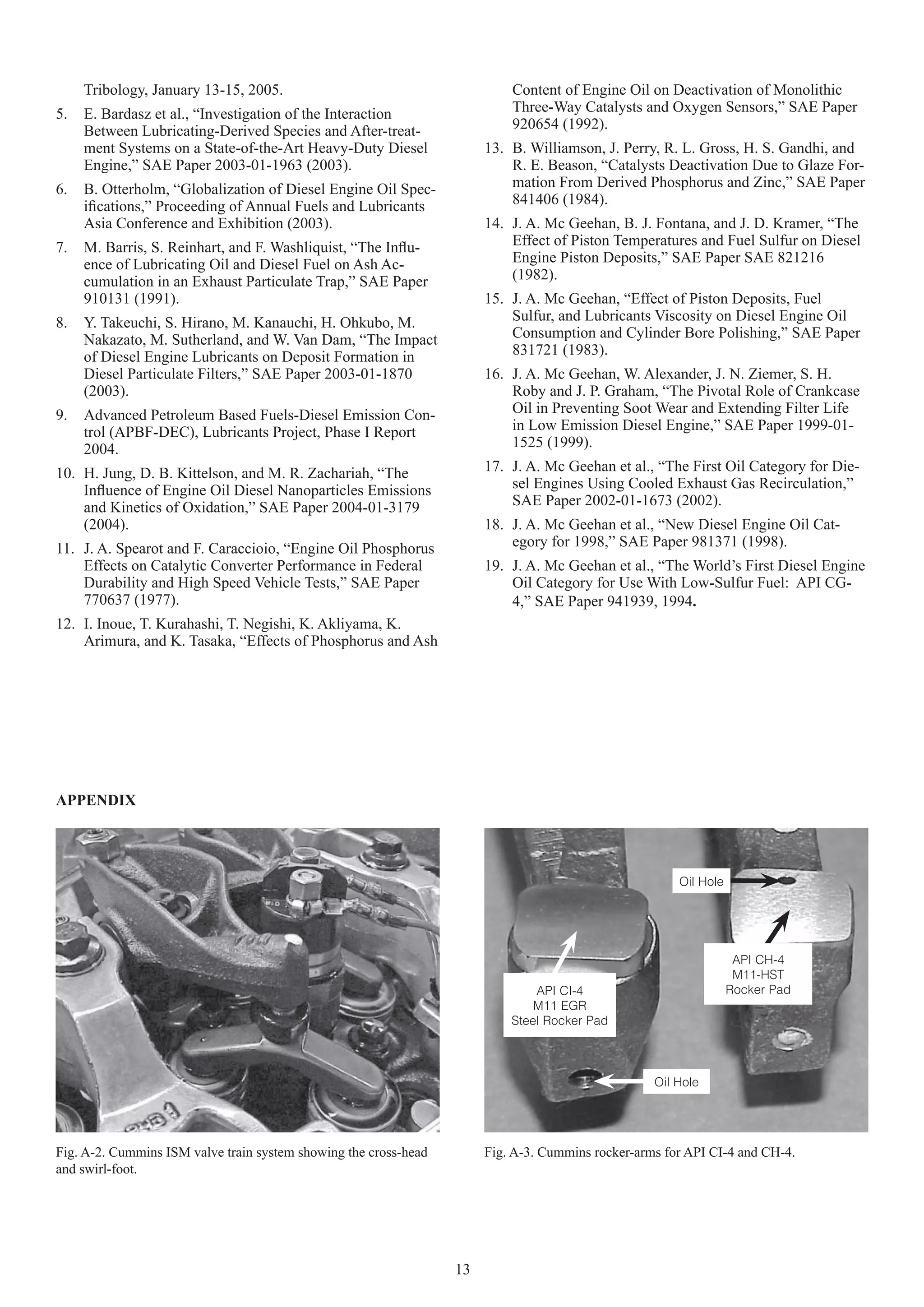 Tribology, January 13-15, 2005.                                       Content of Engine Oil on Deactivation of Monolithic
5.   E. Bardasz et al., “Investigation of the Interaction                  Three-Way Catalysts and Oxygen Sensors,” SAE Paper
     Between Lubricating-Derived Species and After-treat-                  920654 (1992).
     ment Systems on a State-of-the-Art Heavy-Duty Diesel              13. B. Williamson, J. Perry, R. L. Gross, H. S. Gandhi, and
     Engine,” SAE Paper 2003-01-1963 (2003).                               R. E. Beason, “Catalysts Deactivation Due to Glaze For-
6.   B. Otterholm, “Globalization of Diesel Engine Oil Spec-               mation From Derived Phosphorus and Zinc,” SAE Paper
     iﬁcations,” Proceeding of Annual Fuels and Lubricants                 841406 (1984).
     Asia Conference and Exhibition (2003).                            14. J. A. Mc Geehan, B. J. Fontana, and J. D. Kramer, “The
7.   M. Barris, S. Reinhart, and F. Washliquist, “The Inﬂu-                Effect of Piston Temperatures and Fuel Sulfur on Diesel
     ence of Lubricating Oil and Diesel Fuel on Ash Ac-                    Engine Piston Deposits,” SAE Paper SAE 821216
     cumulation in an Exhaust Particulate Trap,” SAE Paper                 (1982).
     910131 (1991).                                                    15. J. A. Mc Geehan, “Effect of Piston Deposits, Fuel
8.   Y. Takeuchi, S. Hirano, M. Kanauchi, H. Ohkubo, M.                    Sulfur, and Lubricants Viscosity on Diesel Engine Oil
     Nakazato, M. Sutherland, and W. Van Dam, “The Impact                  Consumption and Cylinder Bore Polishing,” SAE Paper
     of Diesel Engine Lubricants on Deposit Formation in                   831721 (1983).
     Diesel Particulate Filters,” SAE Paper 2003-01-1870               16. J. A. Mc Geehan, W. Alexander, J. N. Ziemer, S. H.
     (2003).                                                               Roby and J. P. Graham, “The Pivotal Role of Crankcase
9.   Advanced Petroleum Based Fuels-Diesel Emission Con-                   Oil in Preventing Soot Wear and Extending Filter Life
     trol (APBF-DEC), Lubricants Project, Phase I Report                   in Low Emission Diesel Engine,” SAE Paper 1999-01-
     2004.                                                                 1525 (1999).
10. H. Jung, D. B. Kittelson, and M. R. Zachariah, “The                17. J. A. Mc Geehan et al., “The First Oil Category for Die-
    Inﬂuence of Engine Oil Diesel Nanoparticles Emissions                  sel Engines Using Cooled Exhaust Gas Recirculation,”
    and Kinetics of Oxidation,” SAE Paper 2004-01-3179                     SAE Paper 2002-01-1673 (2002).
    (2004).                                                            18. J. A. Mc Geehan et al., “New Diesel Engine Oil Cat-
11. J. A. Spearot and F. Caraccioio, “Engine Oil Phosphorus                egory for 1998,” SAE Paper 981371 (1998).
    Effects on Catalytic Converter Performance in Federal              19. J. A. Mc Geehan et al., “The World’s First Diesel Engine
    Durability and High Speed Vehicle Tests,” SAE Paper                    Oil Category for Use With Low-Sulfur Fuel: API CG-
    770637 (1977).                                                         4,” SAE Paper 941939, 1994.
12. I. Inoue, T. Kurahashi, T. Negishi, K. Akliyama, K.
    Arimura, and K. Tasaka, “Effects of Phosphorus and Ash




APPENDIX




                                                                                                       Oil Hole




                                                                                                                   API CH-4
                                                                                                                   M11-HST
                                                                               API CI-4                           Rocker Pad
                                                                               M11 EGR
                                                                           Steel Rocker Pad



                                                                                                   Oil Hole




Fig. A-2. Cummins ISM valve train system showing the cross-head        Fig. A-3. Cummins rocker-arms for API CI-4 and CH-4.
and swirl-foot.




                                                                  13
 