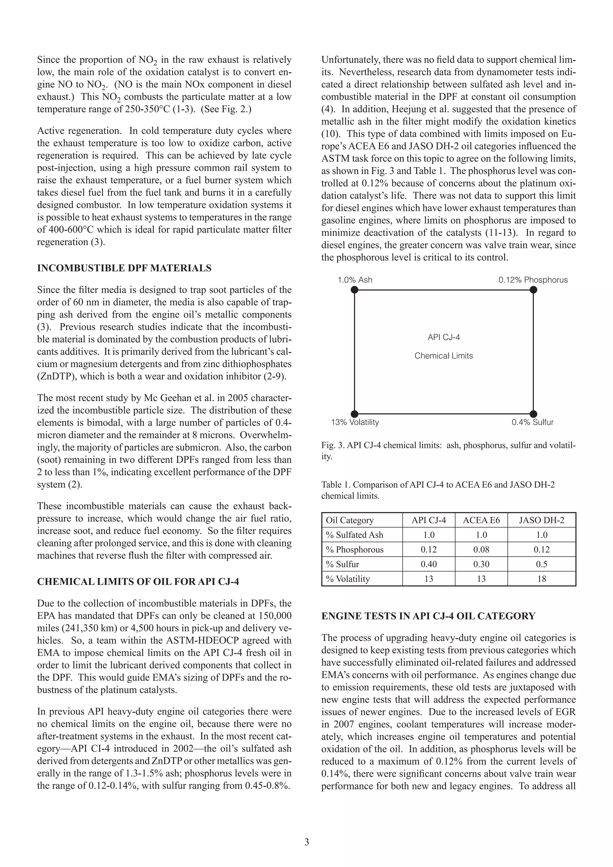 Since the proportion of NO2 in the raw exhaust is relatively             Unfortunately, there was no ﬁeld data to support chemical lim-
low, the main role of the oxidation catalyst is to convert en-           its. Nevertheless, research data from dynamometer tests indi-
gine NO to NO2. (NO is the main NOx component in diesel                  cated a direct relationship between sulfated ash level and in-
exhaust.) This NO2 combusts the particulate matter at a low              combustible material in the DPF at constant oil consumption
temperature range of 250-350°C (1-3). (See Fig. 2.)                      (4). In addition, Heejung et al. suggested that the presence of
                                                                         metallic ash in the ﬁlter might modify the oxidation kinetics
Active regeneration. In cold temperature duty cycles where               (10). This type of data combined with limits imposed on Eu-
the exhaust temperature is too low to oxidize carbon, active             rope’s ACEA E6 and JASO DH-2 oil categories inﬂuenced the
regeneration is required. This can be achieved by late cycle             ASTM task force on this topic to agree on the following limits,
post-injection, using a high pressure common rail system to              as shown in Fig. 3 and Table 1. The phosphorus level was con-
raise the exhaust temperature, or a fuel burner system which             trolled at 0.12% because of concerns about the platinum oxi-
takes diesel fuel from the fuel tank and burns it in a carefully         dation catalyst’s life. There was not data to support this limit
designed combustor. In low temperature oxidation systems it              for diesel engines which have lower exhaust temperatures than
is possible to heat exhaust systems to temperatures in the range         gasoline engines, where limits on phosphorus are imposed to
of 400-600°C which is ideal for rapid particulate matter ﬁlter           minimize deactivation of the catalysts (11-13). In regard to
regeneration (3).                                                        diesel engines, the greater concern was valve train wear, since
                                                                         the phosphorous level is critical to its control.
INCOMBUSTIBLE DPF MATERIALS
                                                                             1.0% Ash                                      0.12% Phosphorus
Since the ﬁlter media is designed to trap soot particles of the
order of 60 nm in diameter, the media is also capable of trap-
ping ash derived from the engine oil’s metallic components
(3). Previous research studies indicate that the incombusti-
ble material is dominated by the combustion products of lubri-                                        API CJ-4
cants additives. It is primarily derived from the lubricant’s cal-                                Chemical Limits
cium or magnesium detergents and from zinc dithiophosphates
(ZnDTP), which is both a wear and oxidation inhibitor (2-9).

The most recent study by Mc Geehan et al. in 2005 character-
ized the incombustible particle size. The distribution of these
elements is bimodal, with a large number of particles of 0.4-              13% Volatility                                     0.4% Sulfur
micron diameter and the remainder at 8 microns. Overwhelm-
ingly, the majority of particles are submicron. Also, the carbon         Fig. 3. API CJ-4 chemical limits: ash, phosphorus, sulfur and volatil-
(soot) remaining in two different DPFs ranged from less than             ity.
2 to less than 1%, indicating excellent performance of the DPF
system (2).                                                              Table 1. Comparison of API CJ-4 to ACEA E6 and JASO DH-2
                                                                         chemical limits.
These incombustible materials can cause the exhaust back-
pressure to increase, which would change the air fuel ratio,              Oil Category           API CJ-4        ACEA E6       JASO DH-2
increase soot, and reduce fuel economy. So the ﬁlter requires             % Sulfated Ash             1.0            1.0             1.0
cleaning after prolonged service, and this is done with cleaning
                                                                          % Phosphorous             0.12            0.08           0.12
machines that reverse ﬂush the ﬁlter with compressed air.
                                                                          % Sulfur                  0.40            0.30            0.5
CHEMICAL LIMITS OF OIL FOR API CJ-4                                       % Volatility               13             13              18

Due to the collection of incombustible materials in DPFs, the
EPA has mandated that DPFs can only be cleaned at 150,000                ENGINE TESTS IN API CJ-4 OIL CATEGORY
miles (241,350 km) or 4,500 hours in pick-up and delivery ve-
hicles. So, a team within the ASTM-HDEOCP agreed with                    The process of upgrading heavy-duty engine oil categories is
EMA to impose chemical limits on the API CJ-4 fresh oil in               designed to keep existing tests from previous categories which
order to limit the lubricant derived components that collect in          have successfully eliminated oil-related failures and addressed
the DPF. This would guide EMA’s sizing of DPFs and the ro-               EMA’s concerns with oil performance. As engines change due
bustness of the platinum catalysts.                                      to emission requirements, these old tests are juxtaposed with
                                                                         new engine tests that will address the expected performance
In previous API heavy-duty engine oil categories there were              issues of newer engines. Due to the increased levels of EGR
no chemical limits on the engine oil, because there were no              in 2007 engines, coolant temperatures will increase moder-
after-treatment systems in the exhaust. In the most recent cat-          ately, which increases engine oil temperatures and potential
egory—API CI-4 introduced in 2002—the oil’s sulfated ash                 oxidation of the oil. In addition, as phosphorus levels will be
derived from detergents and ZnDTP or other metallics was gen-            reduced to a maximum of 0.12% from the current levels of
erally in the range of 1.3-1.5% ash; phosphorus levels were in           0.14%, there were signiﬁcant concerns about valve train wear
the range of 0.12-0.14%, with sulfur ranging from 0.45-0.8%.             performance for both new and legacy engines. To address all




                                                                     3
 