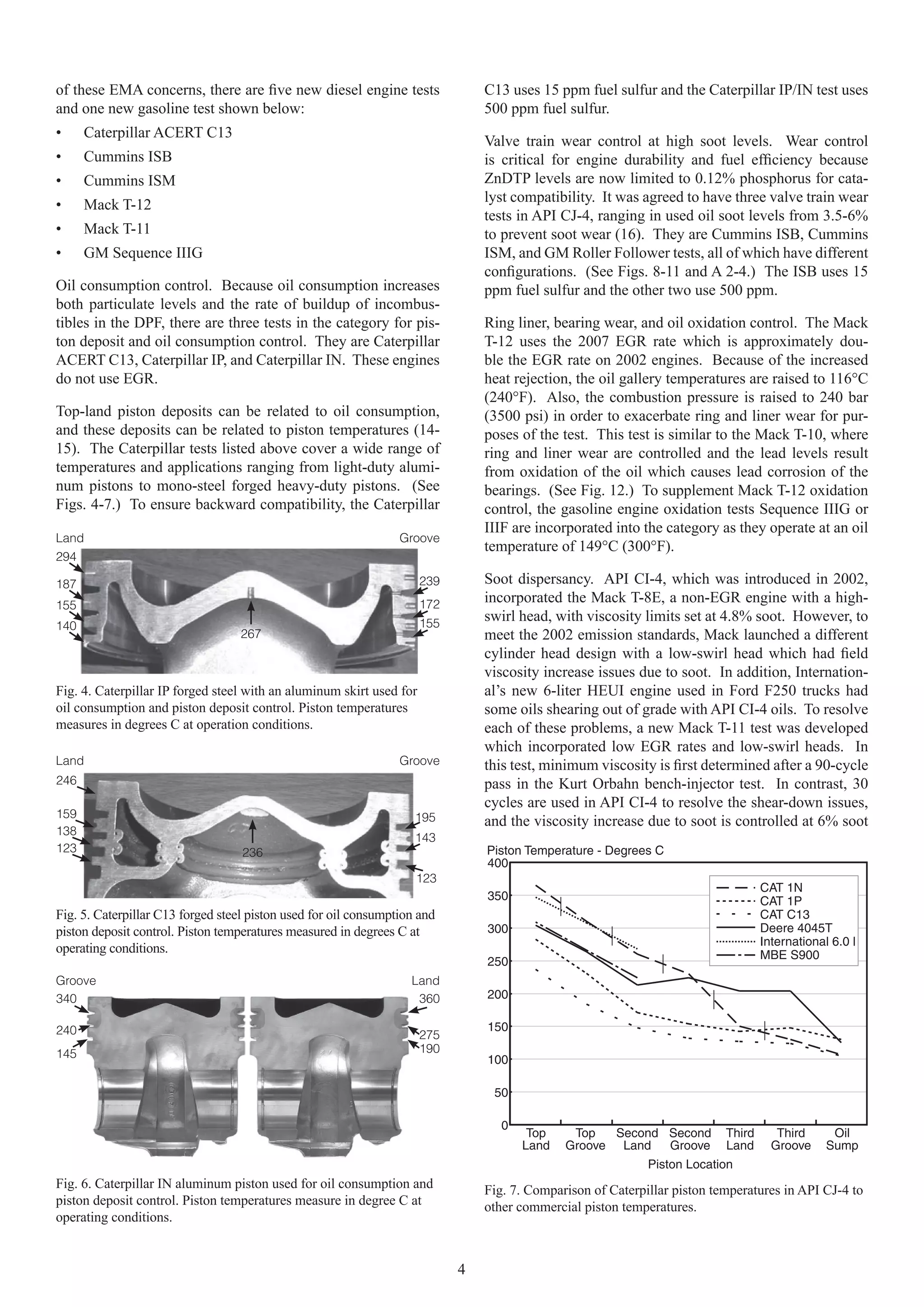 of these EMA concerns, there are ﬁve new diesel engine tests                    C13 uses 15 ppm fuel sulfur and the Caterpillar IP/IN test uses
and one new gasoline test shown below:                                          500 ppm fuel sulfur.
•     Caterpillar ACERT C13
                                                                                Valve train wear control at high soot levels. Wear control
•     Cummins ISB                                                               is critical for engine durability and fuel efﬁciency because
•     Cummins ISM                                                               ZnDTP levels are now limited to 0.12% phosphorus for cata-
•     Mack T-12                                                                 lyst compatibility. It was agreed to have three valve train wear
                                                                                tests in API CJ-4, ranging in used oil soot levels from 3.5-6%
•     Mack T-11                                                                 to prevent soot wear (16). They are Cummins ISB, Cummins
•     GM Sequence IIIG                                                          ISM, and GM Roller Follower tests, all of which have different
                                                                                conﬁgurations. (See Figs. 8-11 and A 2-4.) The ISB uses 15
Oil consumption control. Because oil consumption increases                      ppm fuel sulfur and the other two use 500 ppm.
both particulate levels and the rate of buildup of incombus-
tibles in the DPF, there are three tests in the category for pis-               Ring liner, bearing wear, and oil oxidation control. The Mack
ton deposit and oil consumption control. They are Caterpillar                   T-12 uses the 2007 EGR rate which is approximately dou-
ACERT C13, Caterpillar IP, and Caterpillar IN. These engines                    ble the EGR rate on 2002 engines. Because of the increased
do not use EGR.                                                                 heat rejection, the oil gallery temperatures are raised to 116°C
                                                                                (240°F). Also, the combustion pressure is raised to 240 bar
Top-land piston deposits can be related to oil consumption,                     (3500 psi) in order to exacerbate ring and liner wear for pur-
and these deposits can be related to piston temperatures (14-                   poses of the test. This test is similar to the Mack T-10, where
15). The Caterpillar tests listed above cover a wide range of                   ring and liner wear are controlled and the lead levels result
temperatures and applications ranging from light-duty alumi-                    from oxidation of the oil which causes lead corrosion of the
num pistons to mono-steel forged heavy-duty pistons. (See                       bearings. (See Fig. 12.) To supplement Mack T-12 oxidation
Figs. 4-7.) To ensure backward compatibility, the Caterpillar                   control, the gasoline engine oxidation tests Sequence IIIG or
                                                                                IIIF are incorporated into the category as they operate at an oil
Land                                                             Groove
                                                                                temperature of 149°C (300°F).
294

187                                                                   239       Soot dispersancy. API CI-4, which was introduced in 2002,
155                                                                   172       incorporated the Mack T-8E, a non-EGR engine with a high-
                                                                      155
                                                                                swirl head, with viscosity limits set at 4.8% soot. However, to
140
                                   267                                          meet the 2002 emission standards, Mack launched a different
                                                                                cylinder head design with a low-swirl head which had ﬁeld
                                                                                viscosity increase issues due to soot. In addition, Internation-
Fig. 4. Caterpillar IP forged steel with an aluminum skirt used for             al’s new 6-liter HEUI engine used in Ford F250 trucks had
oil consumption and piston deposit control. Piston temperatures                 some oils shearing out of grade with API CI-4 oils. To resolve
measures in degrees C at operation conditions.                                  each of these problems, a new Mack T-11 test was developed
                                                                                which incorporated low EGR rates and low-swirl heads. In
Land                                                             Groove         this test, minimum viscosity is ﬁrst determined after a 90-cycle
246                                                                             pass in the Kurt Orbahn bench-injector test. In contrast, 30
                                                                                cycles are used in API CI-4 to resolve the shear-down issues,
159                                                                 195         and the viscosity increase due to soot is controlled at 6% soot
138
                                                                    143
123                                236                                          Piston Temperature - Degrees C
                                                                                400
                                                                    123
                                                                                                                                   CAT 1N
                                                                                350                                                CAT 1P
Fig. 5. Caterpillar C13 forged steel piston used for oil consumption and                                                           CAT C13
piston deposit control. Piston temperatures measured in degrees C at            300                                                Deere 4045T
                                                                                                                                   International 6.0 l
operating conditions.                                                                                                              MBE S900
                                                                                250
Groove                                                             Land
340                                                                 360         200

240                                                                             150
                                                                      275
145                                                                   190
                                                                                100

                                                                                 50

                                                                                   0
                                                                                        Top    Top   Second Second         Third      Third      Oil
                                                                                       Land   Groove Land   Groove         Land      Groove     Sump
                                                                                                             Piston Location
Fig. 6. Caterpillar IN aluminum piston used for oil consumption and             Fig. 7. Comparison of Caterpillar piston temperatures in API CJ-4 to
piston deposit control. Piston temperatures measure in degree C at              other commercial piston temperatures.
operating conditions.


                                                                            4
 