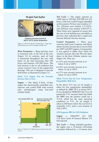15 ppm Fuel Sulfur
Oxidative Corrosion Control at
260°F (127°C) Sump Temperature
Minimum Viscosity After
90-Cycle Shear Test
20
15
10
5
0
0
Pass Limit
4
12
15
3.5 6.0 6.7
Viscosity 100°C, cSt
TGA Soot %
Lubrication Magazine
Test Cycle — The engine operates at
1,800 rpm at 350 bhp (250 kW) for 252
hours, with soot control targets identified
at three points: 96-hour soot window 2.5-
3%, 192-hour soot window 5.1-5.85%,
and 228-hour soot window 6.09-6.97%.
These limits were imposed to ensure that
the rate of soot buildup was controlled, as
previous data indicated that a rapid soot
increase delayed viscosity increase.
Control Parameters — There were
concerns both from Cummins and Mack
about viscosity increase due to soot in both
pre-2007 and 2007 engines. Consequently,
it was agreed to define three limits for
viscosity increase after the 90-cycle shear
down in the Kurt Orbahn injector test.
(Figure 14). They are:
3.5% soot viscosity increase at ornn
below 4 cSt at 100°C
6.0% soot viscosity increase at ornn
below 12 cSt at 100°C
6.7% soot viscosity increase at ornn
below 15 cSt at 100°C
Mack T-11A Test for Low Temperature
Pumpability With Soot
In the above T-11 test, an oil sample is
taken for low temperature pumpability
as defined by MRV TP-1 at minus 20ºC.
It was decided by HDEOCP that if an oil
passed the T-11 viscosity limits but failed
the MRV test, the sponsor could run a
T-11A, which has the same operating
conditions as T-11. An oil sample is
taken at 180 hours where the soot level is
nominally 5.2%, with a soot window of
4.82-5.49%.
GM Sequence IIIG for Oil Oxidation
Engine — 1996/1997 231 CID
(3.8 liters) Series II General Motors V-6
fuel injected.
Test Cycle — Using unleaded gasoline,
the engine runs a 10-minute oil-leveling
procedure followed by a 15-minute slow
Wear Parameters — Ring and liner wear
is measured only at the end of the test.
(Figure 12) In contrast, used oil lead
is monitored throughout the test, with
limits on the lead increasing after 300
hours and between 250-300 hours. The
lead increase is due to oil oxidation that
causes corrosive wear of the copper-lead
bearings. This test is designed to prevent
field failure as illustrated in Figure 13.
Mack T-11 Engine Test for Viscosity
Increase Due to Soot
Engine — The Mack E-Tech, 12-liter
engine has electronically controlled unit-
injectors and cooled EGR with normal
twin turbochargers using low-swirl
cylinder heads.
Figure 14. Mack T-11: Minimizing viscosity increase due
to soot
Figure 13. API CJ-4: Mack T-12 EGR Test — Ring, liner
and bearing wear control (example of field wear)
11
 