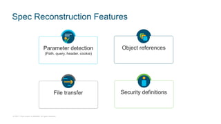 © 2021 Cisco and/or its affiliates. All rights reserved.
Spec Reconstruction Features
Parameter detection
(Path, query, header, cookie)
Object references
Security definitions
File transfer
 