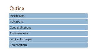 Outline
Introduction
Indications
Contraindications
Armamentarium
Surgical Technique
Complications
 