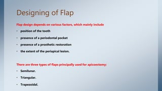 Designing of Flap
Flap design depends on various factors, which mainly include
• position of the tooth
• presence of a periodontal pocket
• presence of a prosthetic restoration
• the extent of the periapical lesion.
There are three types of flaps principally used for apicoectomy:
• Semilunar.
• Triangular.
• Trapezoidal.
 