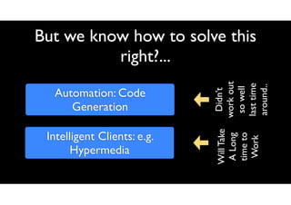 Intelligent Clients: e.g.
Hypermedia

Will Take
A Long
time to
Work

Automation: Code
Generation

Didn’t
work out
so well
...