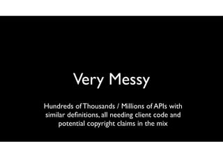 Very Messy
Hundreds of Thousands / Millions of APIs with
similar deﬁnitions, all needing client code and
potential copyrig...