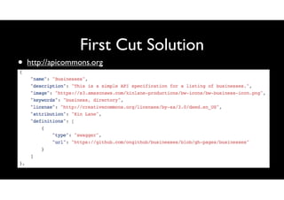 •

First Cut Solution
http://apicommons.org

 