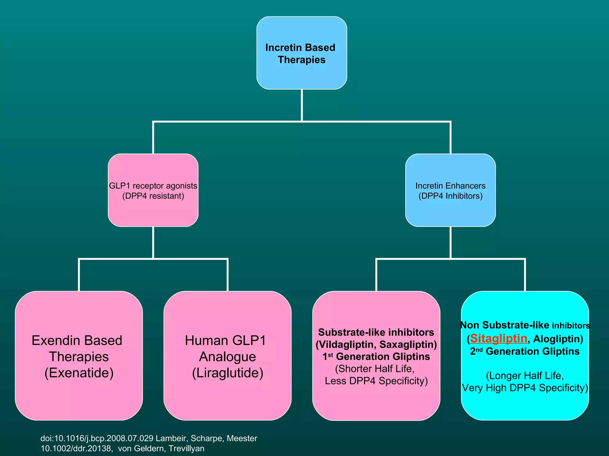 doi:10.1016/j.bcp.2008.07.029 Lambeir, Scharpe, Meester 10.1002/ddr.20138,  von Geldern, Trevillyan Incretin Based  Therapies GLP1 receptor agonists (DPP4 resistant) Incretin Enhancers (DPP4 Inhibitors) Substrate-like inhibitors (Vildagliptin, Saxagliptin) 1 st  Generation Gliptins (Shorter Half Life,  Less DPP4 Specificity) Non Substrate-like  inhibitors ( Sitagliptin , Alogliptin) 2 nd  Generation Gliptins (Longer Half Life, Very High DPP4 Specificity) Exendin Based  Therapies (Exenatide) Human GLP1  Analogue (Liraglutide) 