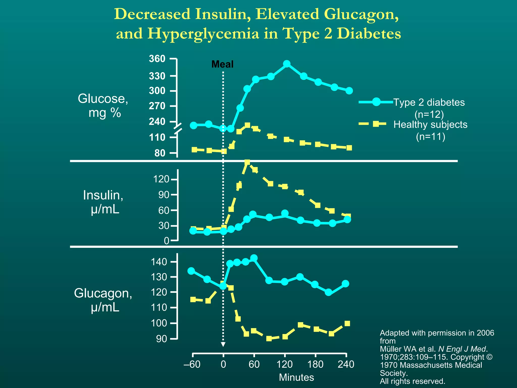 Decreased Insulin, Elevated Glucagon,  and Hyperglycemia in Type 2 Diabetes Adapted with permission in 2006 from Müller WA et al.  N Engl J Med . 1970;283:109–115. Copyright © 1970 Massachusetts Medical Society.  All rights reserved. Glucose,  mg % Insulin,  μ /mL Glucagon,  μ /mL Minutes 360 330 300 270 240 110 80 Meal 120 90 60 30 0 – 60 0 60 120 180 240 140 130 120 110 100 90 Healthy subjects (n=11) Type 2 diabetes (n=12) 