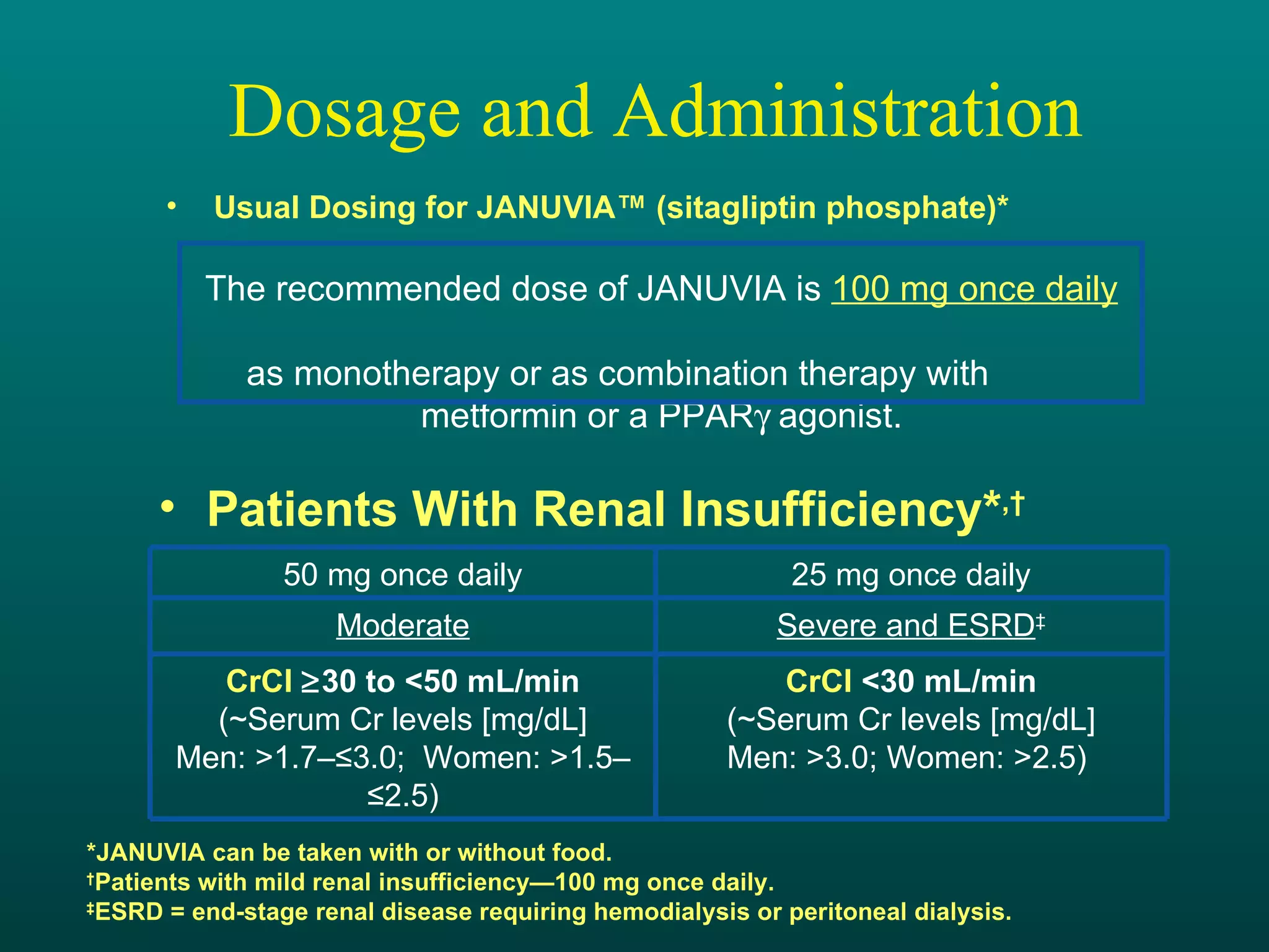 Dosage and Administration Usual Dosing for JANUVIA™ (sitagliptin phosphate)* Patients With Renal Insufficiency* ,† *JANUVIA can be taken with or without food.  † Patients with mild renal insufficiency—100 mg once daily. ‡ ESRD = end-stage renal disease requiring hemodialysis or peritoneal dialysis. CrCl  <30 mL/min (~Serum Cr levels [mg/dL] Men: >3.0; Women: >2.5)  CrCl   30 to <50 mL/min (~Serum Cr levels [mg/dL] Men: >1.7–≤3.0;  Women: >1.5–≤2.5) Severe and ESRD ‡ Moderate 25 mg once daily 50 mg once daily The recommended dose of JANUVIA is  100 mg once daily   as monotherapy or as combination therapy with  metformin or a PPAR   agonist. 
