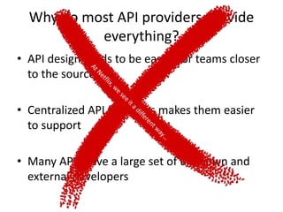 Data Gathering Data Formatting Data Delivery
API Consumer
Don’t care how data
is gathered, as long
as it is gathered
API P...