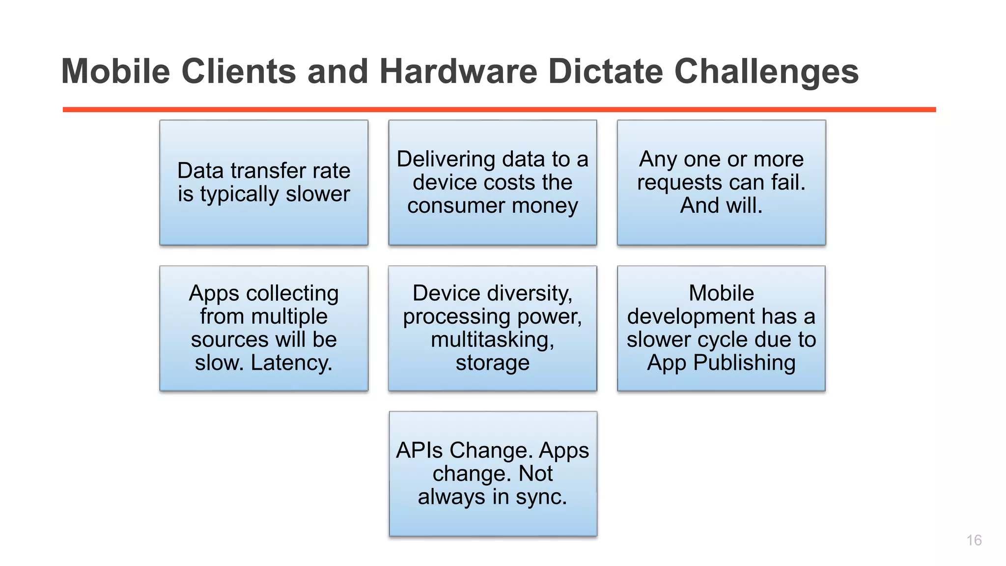 Mobile Clients and Hardware Dictate Challenges 
Data transfer rate 
is typically slower 
Delivering data to a 
device costs the 
consumer money 
Any one or more 
requests can fail. 
And will. 
Apps collecting 
from multiple 
sources will be 
slow. Latency. 
Device diversity, 
processing power, 
multitasking, 
storage 
Mobile 
development has a 
slower cycle due to 
App Publishing 
APIs Change. Apps 
change. Not 
always in sync. 
16 
 