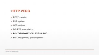 HTTP VERB
▪ POST: creation
▪ PUT: update
▪ GET: retrieve
▪ DELETE: cancellation
▪ POST+PUT+GET+DELETE = CRUD
▪ PATCH (optional): partial update
APICONF 2017- Gabriele Mittica
 