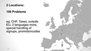 2 Locations:
100 Problems
eg: CHF, Taxes, outside
EU, 2 languages more,
special handling of
signups, promotioncodes
1712:28
 