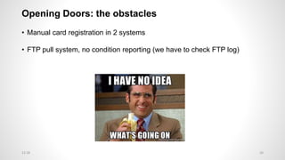 Opening Doors: the obstacles
• Manual card registration in 2 systems
• FTP pull system, no condition reporting (we have to check FTP log)
2612:28
 