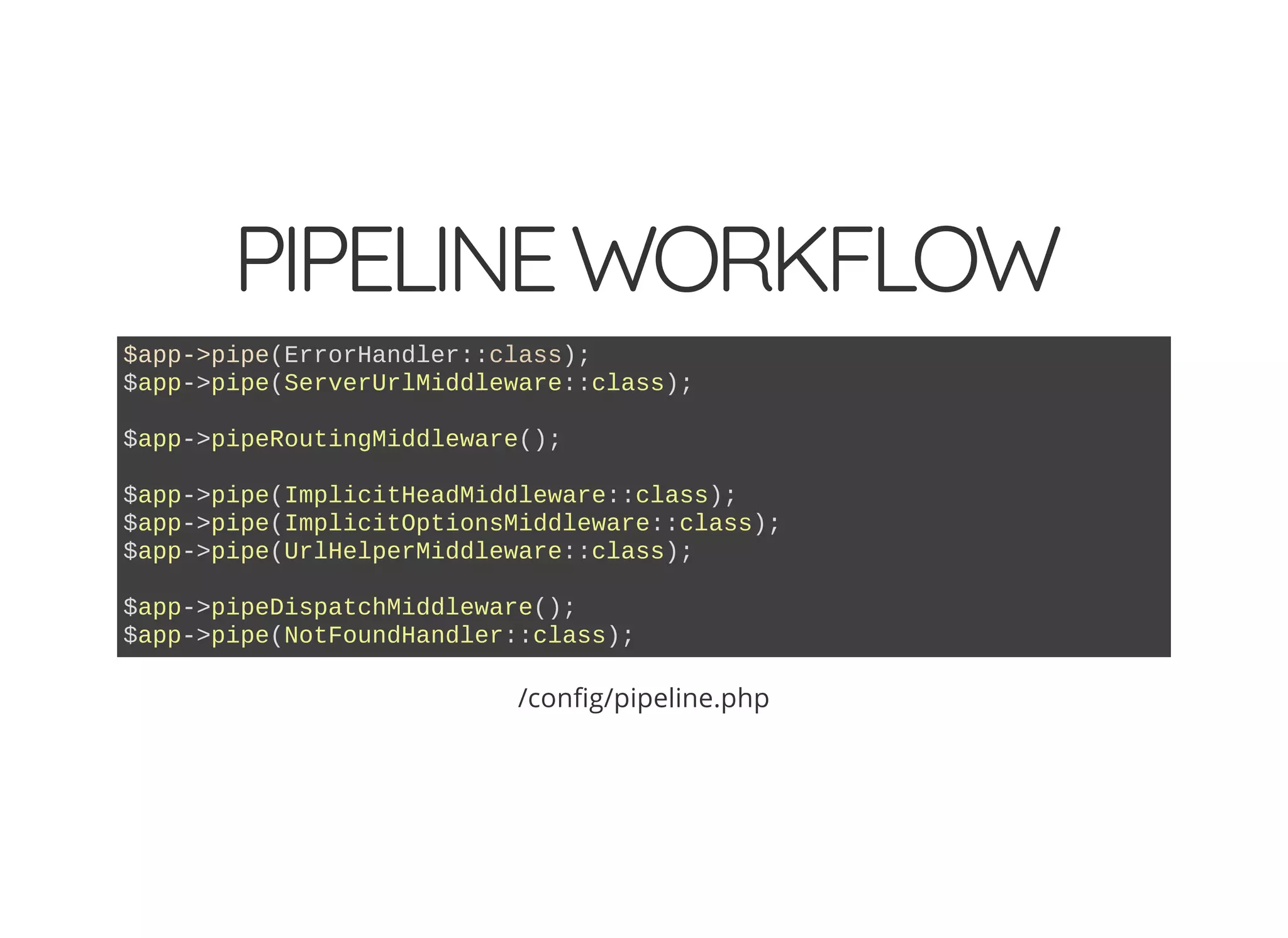 PIPELINEWORKFLOW $app->pipe(ErrorHandler::class); $app->pipe(ServerUrlMiddleware::class); $app->pipeRoutingMiddleware(); $app->pipe(ImplicitHeadMiddleware::class); $app->pipe(ImplicitOptionsMiddleware::class); $app->pipe(UrlHelperMiddleware::class); $app->pipeDispatchMiddleware(); $app->pipe(NotFoundHandler::class); /con g/pipeline.php 