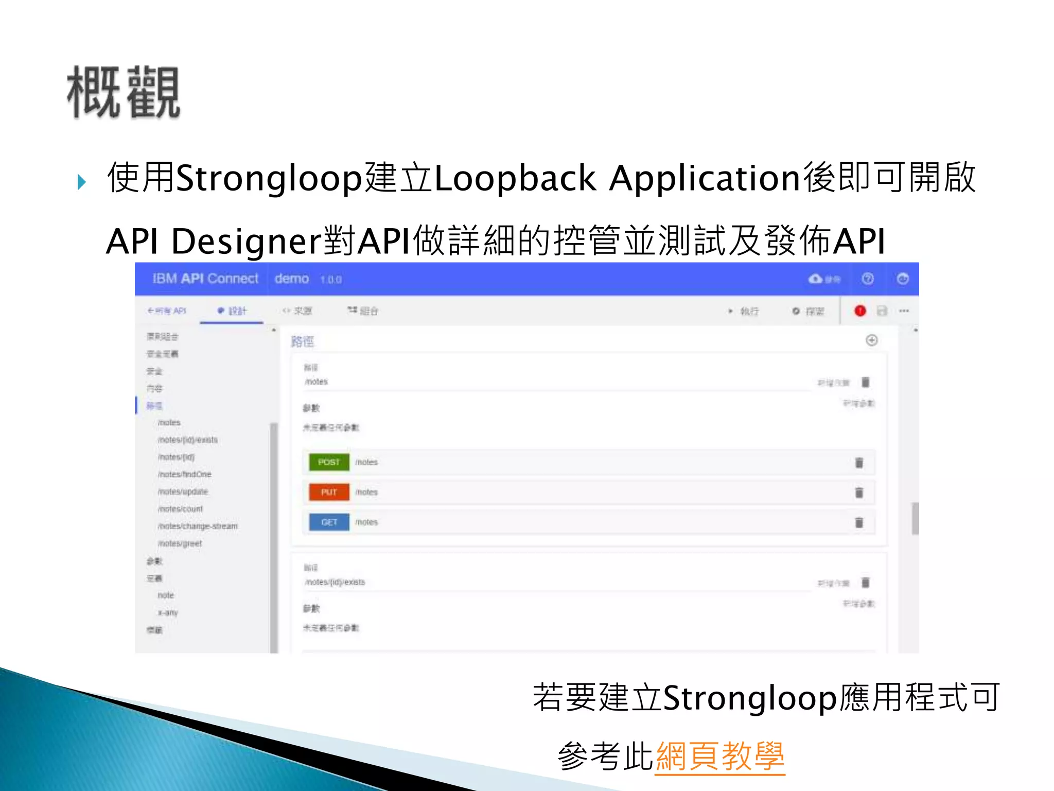  使用Strongloop建立Loopback Application後即可開啟
API Designer對API做詳細的控管並測試及發佈API
若要建立Strongloop應用程式可
參考此網頁教學
 
