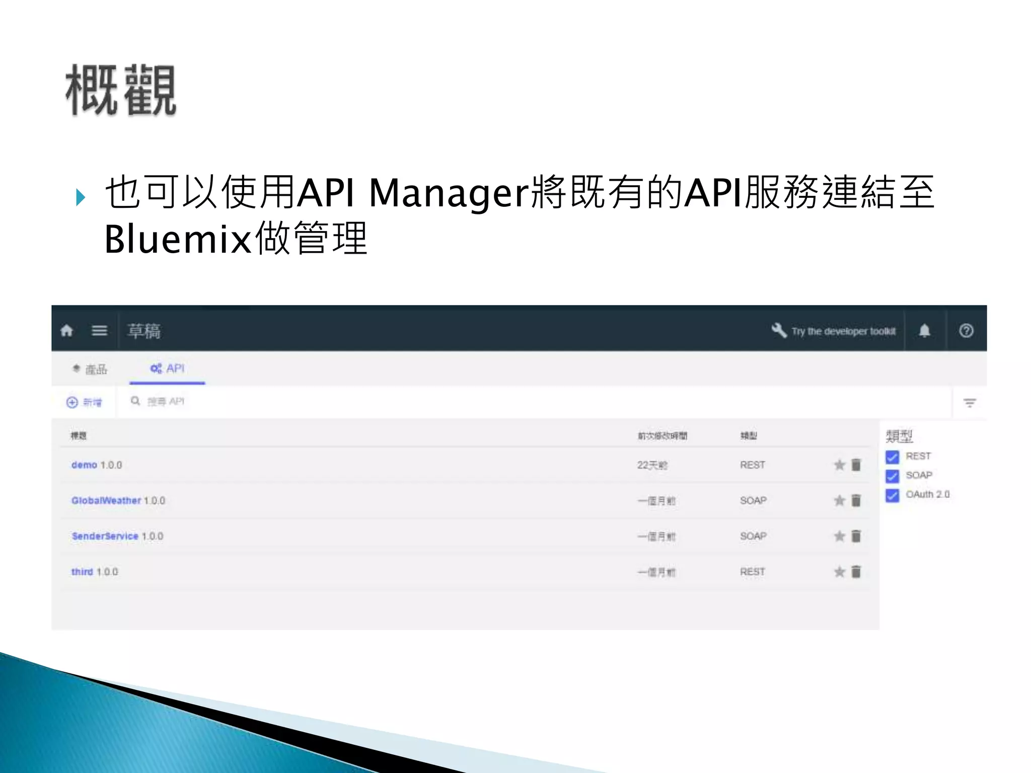 也可以使用API Manager將既有的API服務連結至
Bluemix做管理
 