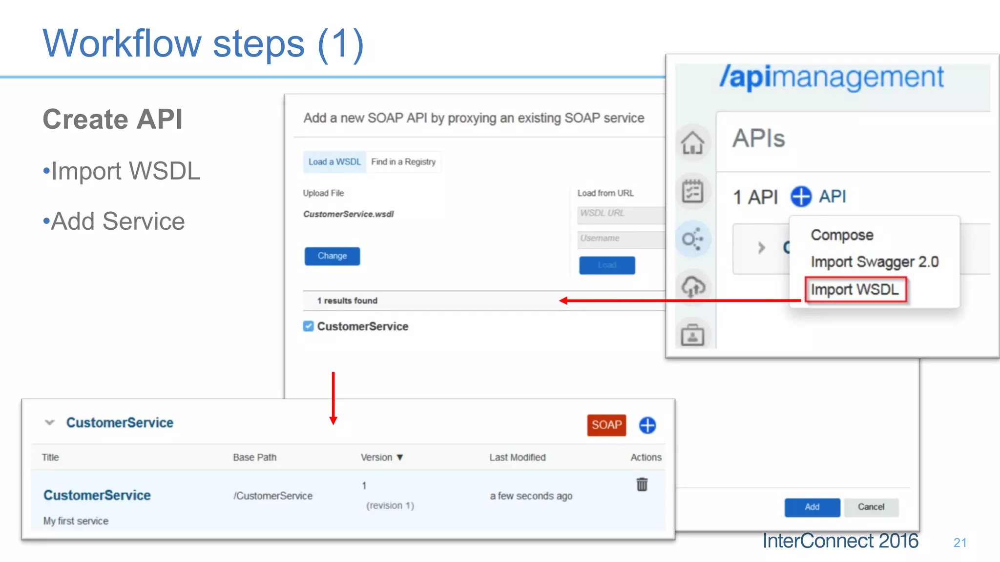 Workflow steps (1)
21
Create API
•Import WSDL
•Add Service
 