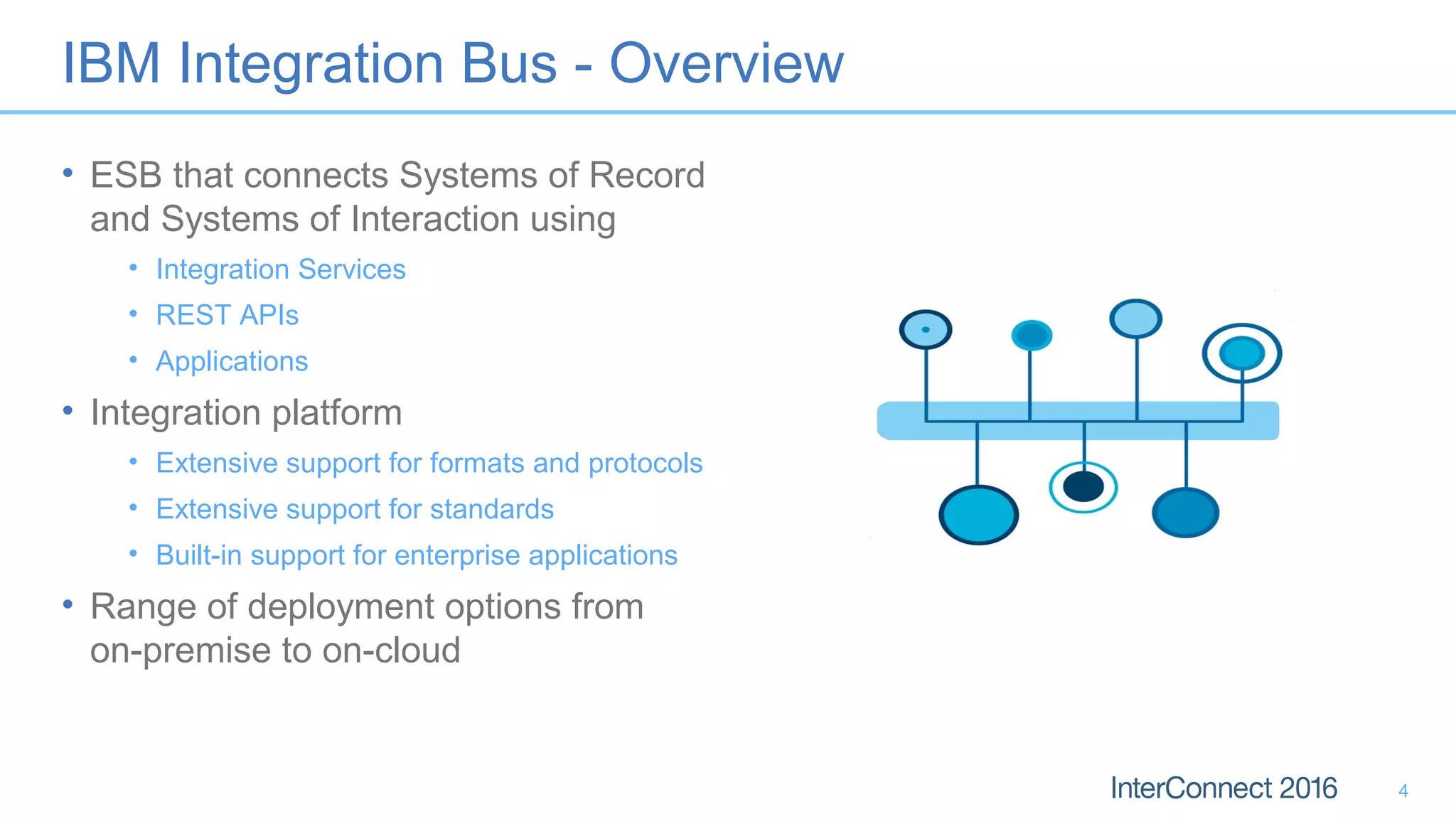 IBM Integration Bus - Overview
• ESB that connects Systems of Record
and Systems of Interaction using
• Integration Services
• REST APIs
• Applications
• Integration platform
• Extensive support for formats and protocols
• Extensive support for standards
• Built-in support for enterprise applications
• Range of deployment options from
on-premise to on-cloud
4
 