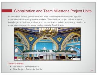 Globalization and Team Milestone Project Units
13
Topics Covered:
● Introduction to Globalization
● Final Project: Starbucks Arabia
In these final 2 units, participants will learn how companies think about global
expansion and operating in new markets. The milestone project utilizes acquired
knowledge on business analysis and communication to help a company develop an
expansion strategy into a new market, namely Saudi Arabia.
 