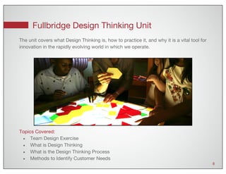 Fullbridge Design Thinking Unit
8
Topics Covered:
● Team Design Exercise
● What is Design Thinking
● What is the Design Thinking Process
● Methods to Identify Customer Needs
The unit covers what Design Thinking is, how to practice it, and why it is a vital tool for
innovation in the rapidly evolving world in which we operate.
 