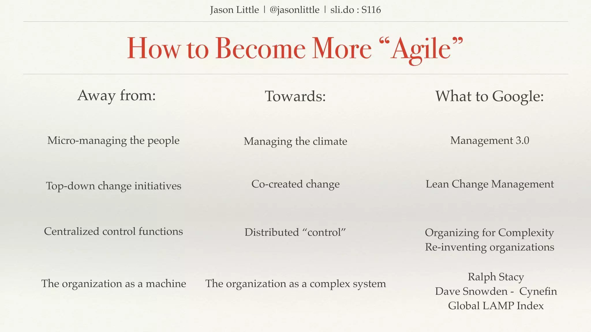 Jason Little | @jasonlittle | sli.do : S116
How to Become More “Agile”
Away from: Towards:
Micro-managing the people Managing the climate
Top-down change initiatives Co-created change
Centralized control functions Distributed “control”
What to Google:
Management 3.0
Lean Change Management
Organizing for Complexity
Re-inventing organizations
The organization as a machine The organization as a complex system
Ralph Stacy
Dave Snowden - Cyneﬁn
Global LAMP Index
 