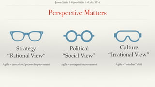 Jason Little | @jasonlittle | sli.do : S116
Perspective Matters
Strategy
“Rational View”
Political
“Social View”
Culture
“Irrational View”
Agile = centralized process improvement Agile = emergent improvement Agile = “mindset” shift
 
