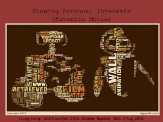 Showing Personal Interests
(Favorite Movie)
Leung, Hardy. Wall-E and Eve. 2010. Graphic Tagxedo. Web. 2 Aug, 2013.
 