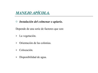 MANEJO APÍCOLA. Instalación del colmenar o apiario. Depende de una serie de factores que son: La vegetación.  Orientación de las colonias . Colocación.   Disponibilidad de agua.  