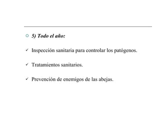 5) Todo el año: Inspección sanitaria para controlar los patógenos . Tratamientos sanitarios.  Prevención de enemigos de las abejas.  