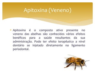  Apitoxina é o composto ativo presente no
veneno das abelhas são conhecidos vários efeitos
benéficos para a saúde resultantes da sua
administração. Pode ter efeito terapêutico a nível
dentário se injetado diretamente no ligamento
periodontal.
Apitoxina (Veneno)
 