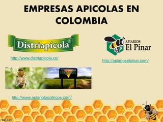 EMPRESAS APICOLAS EN
COLOMBIA
http://www.distriapicola.co/
http://www.apiarioloscitricos.com/
http://apiarioselpinar.com/
 
