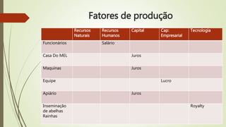 Fatores de produção
Recursos
Naturais
Recursos
Humanos
Capital Cap:
Empresarial
Tecnologia
Funcionários Salário
Casa Do MEL Juros
Maquinas Juros
Equipe Lucro
Apiário Juros
Inseminação
de abelhas
Rainhas
Royalty
 
