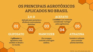 OS PRINCIPAIS AGROTÓXICOS
APLICADOS NO BRASIL
01
02
03
04
05
GLIFOSATO MANCOZEB ATRAZINA
2,4-D ACEFATO
FONTE: Inca, UFFS, ...